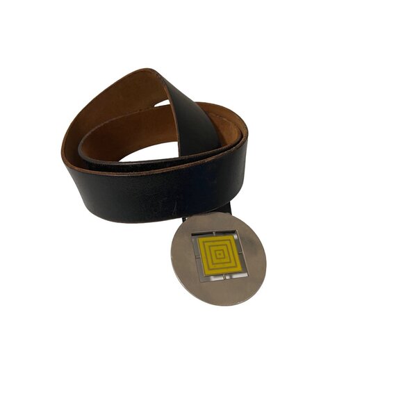 Vintage Canterburys Black Leather Belt With Silver & Yellow Modern Buckle Square - Picture 1 of 4